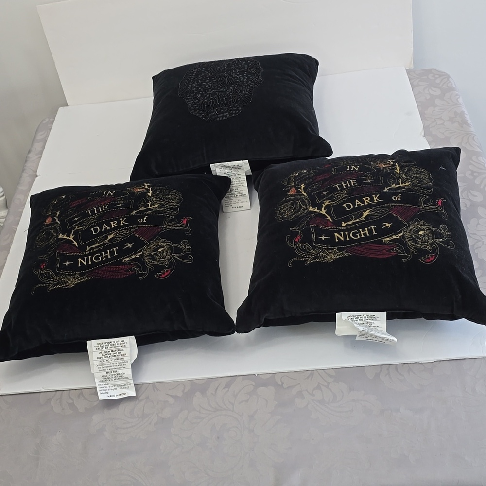 Set Of 3 Threshold Halloween Black Velvet Pillows Beaded Skull Emboidered 18x18